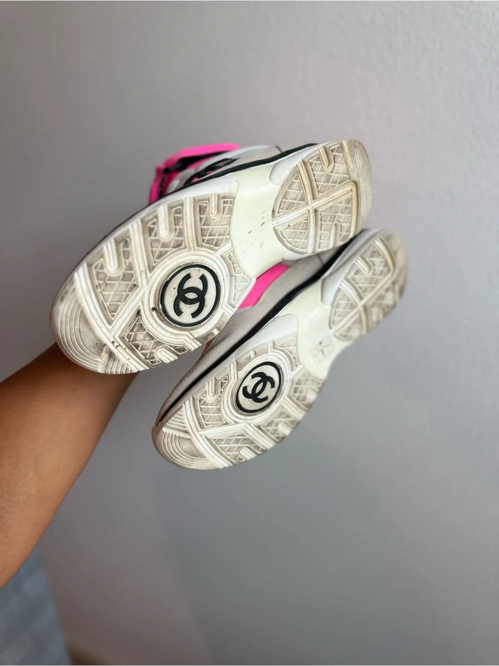 CHANEL Pink, White and Beige High-Top Sneakers